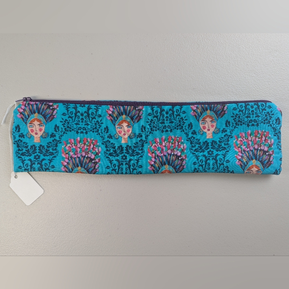 M Totes Upcycled Zip Pouch Handmade Bold Pattern Makeup Bag Travel Long Blue